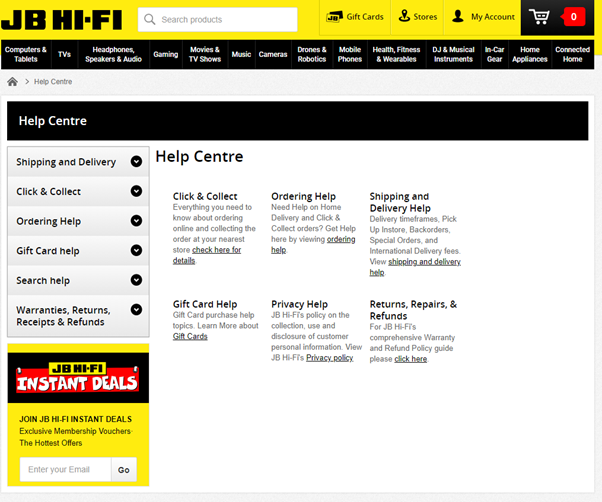 JB Hi Fi FAQ page example